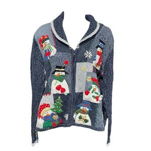 Vintage Christmas Sweater - Star Blue Originals Studio - Zip / Collar - Womens M